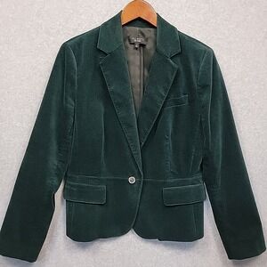 TALBOTS Women Sz 14 Velvet Forest Green Blazer Single Breasted Classic Lined EUC